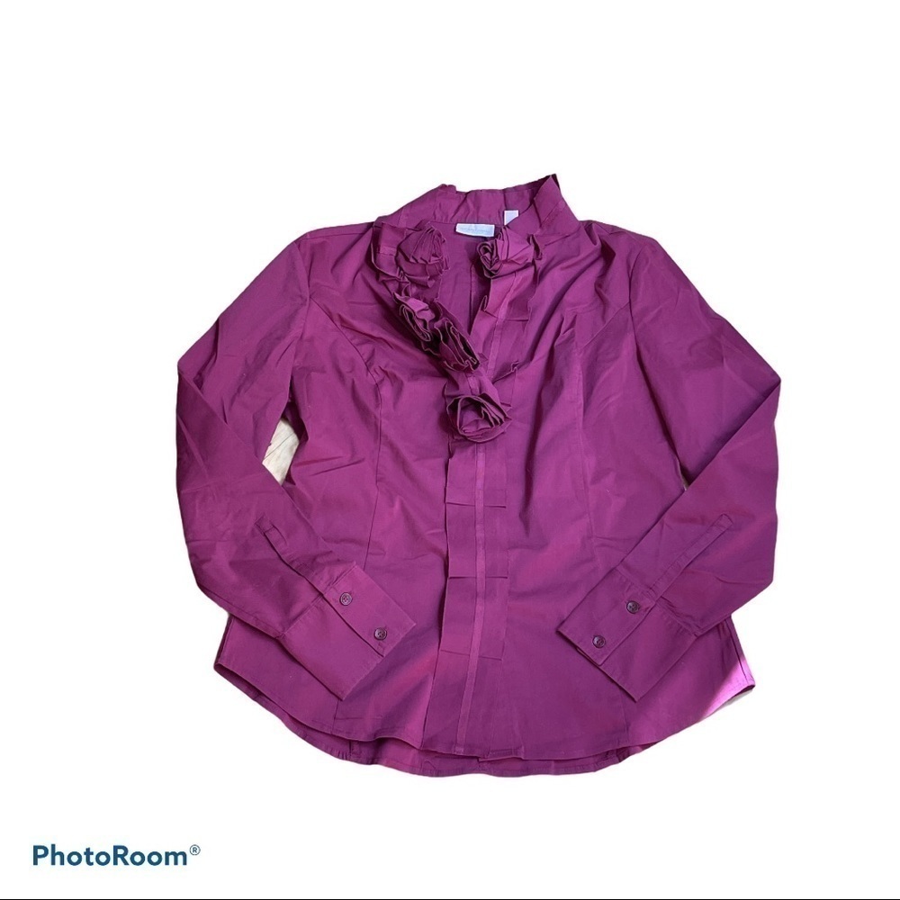 New York & Company Rose Ruffle Poplin Button Down Blouse L Burgundy